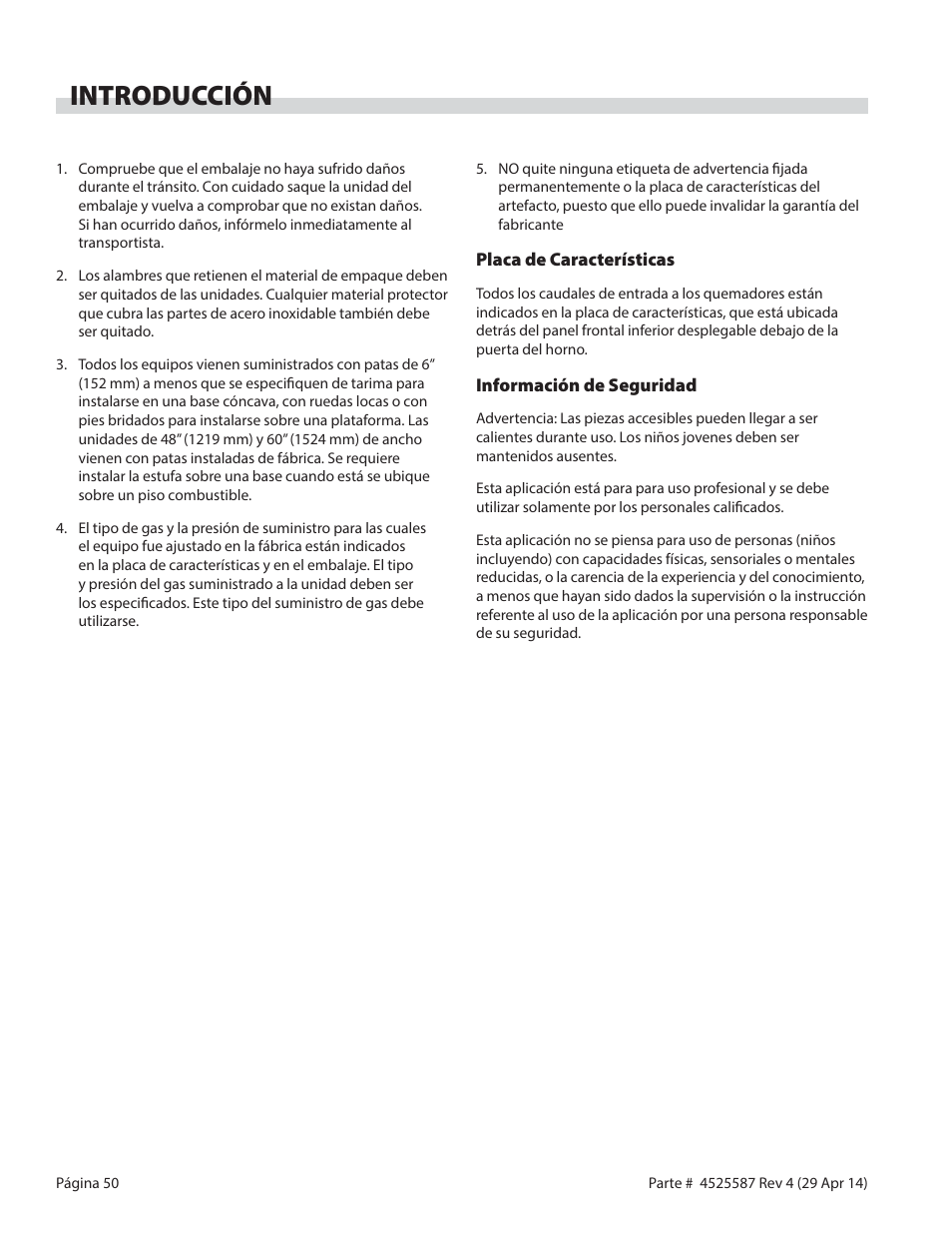 Introducción | Garland GF SENTRY SERIES GAS RESTAURANT RANGES User Manual | Page 50 / 66