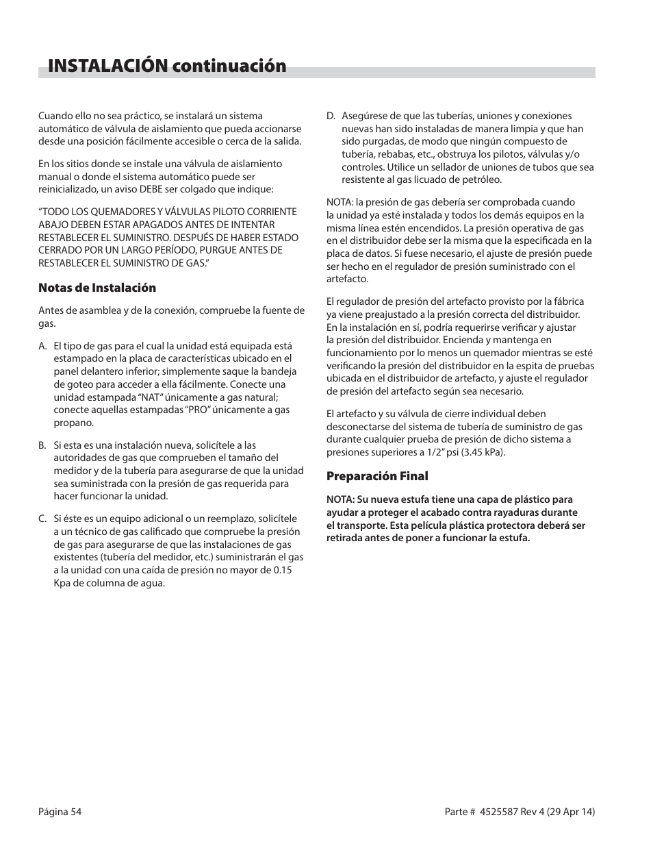 Instalación continuación | Garland GF SENTRY SERIES GAS RESTAURANT RANGES User Manual | Page 54 / 66