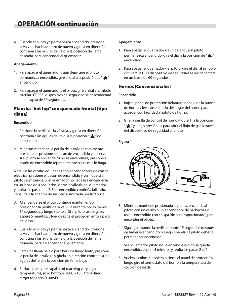Operación continuación | Garland GF SENTRY SERIES GAS RESTAURANT RANGES User Manual | Page 58 / 66