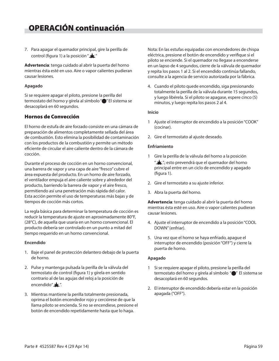 Operación continuación | Garland GF SENTRY SERIES GAS RESTAURANT RANGES User Manual | Page 59 / 66
