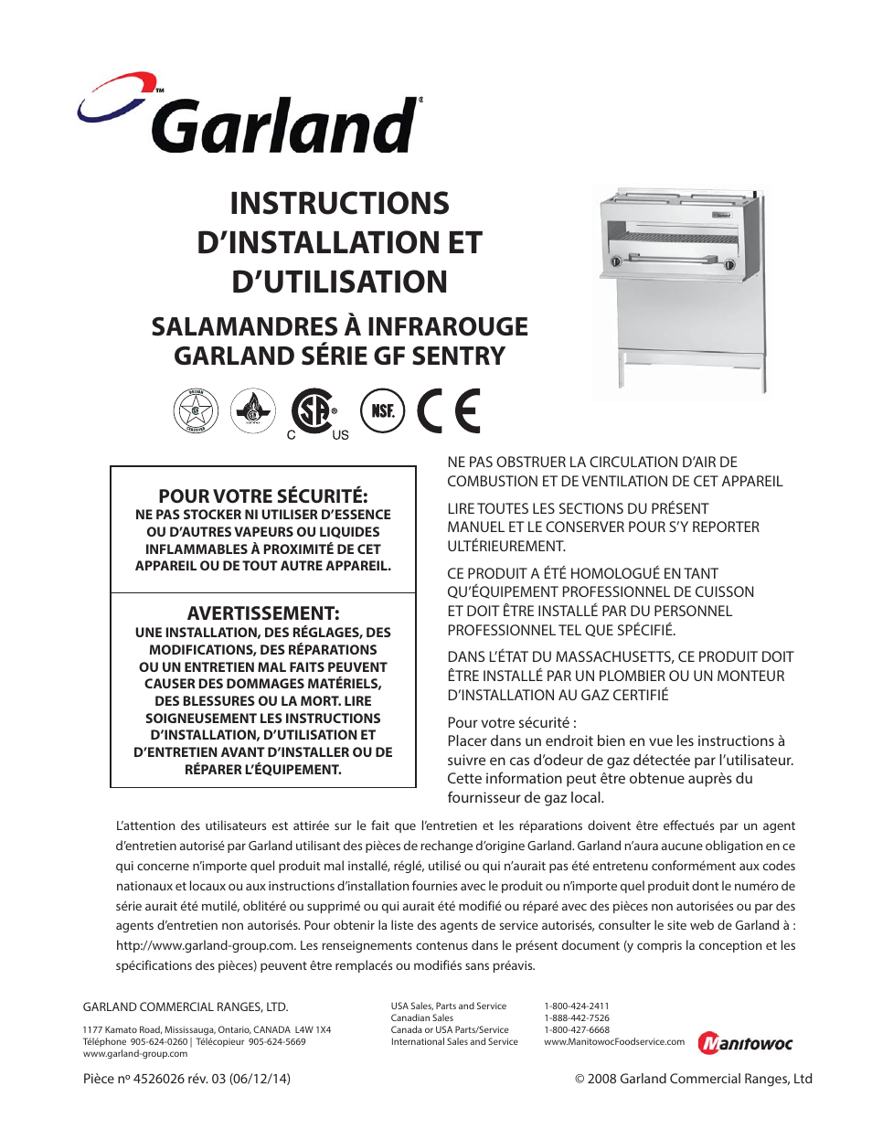 Instructions d’installation et d’utilisation, Salamandres à infrarouge garland série gf sentry, Pour votre sécurité | Avertissement | Garland GF SENTRY SERIES INFRA-RED SALAMANDER BROILERS User Manual | Page 19 / 56