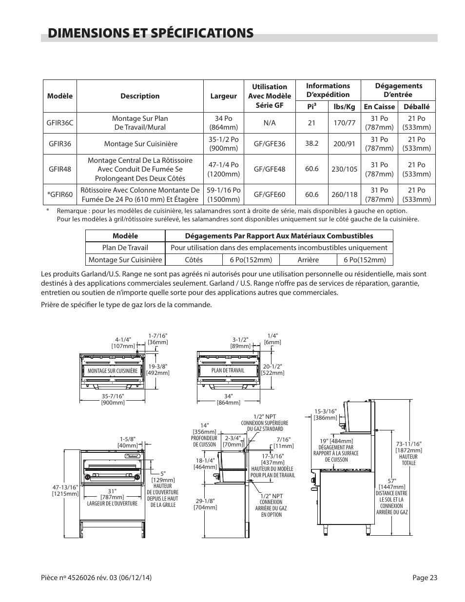 Dimensions et spécifications | Garland GF SENTRY SERIES INFRA-RED SALAMANDER BROILERS User Manual | Page 23 / 56