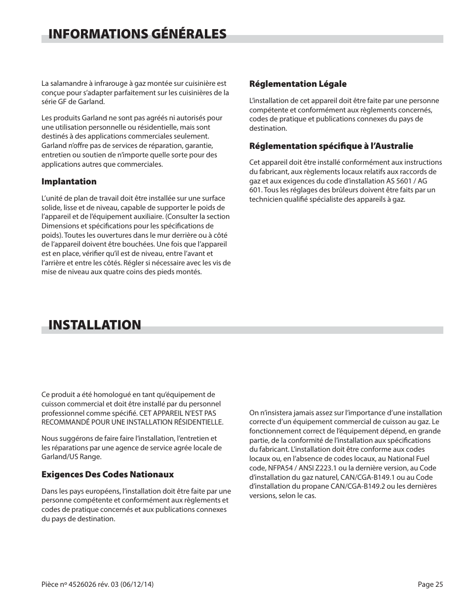 Informations générales, Installation | Garland GF SENTRY SERIES INFRA-RED SALAMANDER BROILERS User Manual | Page 25 / 56