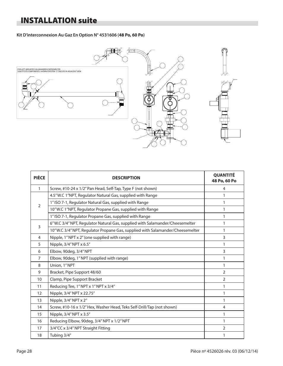 Installation suite, Pièce description quantité, 48 po, 60 po | Garland GF SENTRY SERIES INFRA-RED SALAMANDER BROILERS User Manual | Page 28 / 56