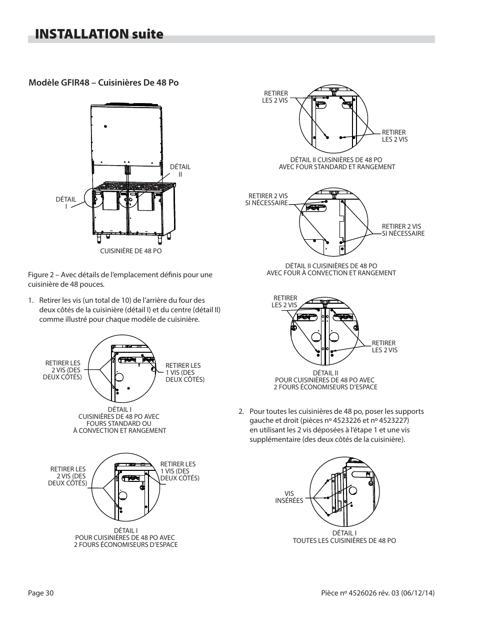 Installation suite, Modèle gfir48 – cuisinières de 48 po | Garland GF SENTRY SERIES INFRA-RED SALAMANDER BROILERS User Manual | Page 30 / 56