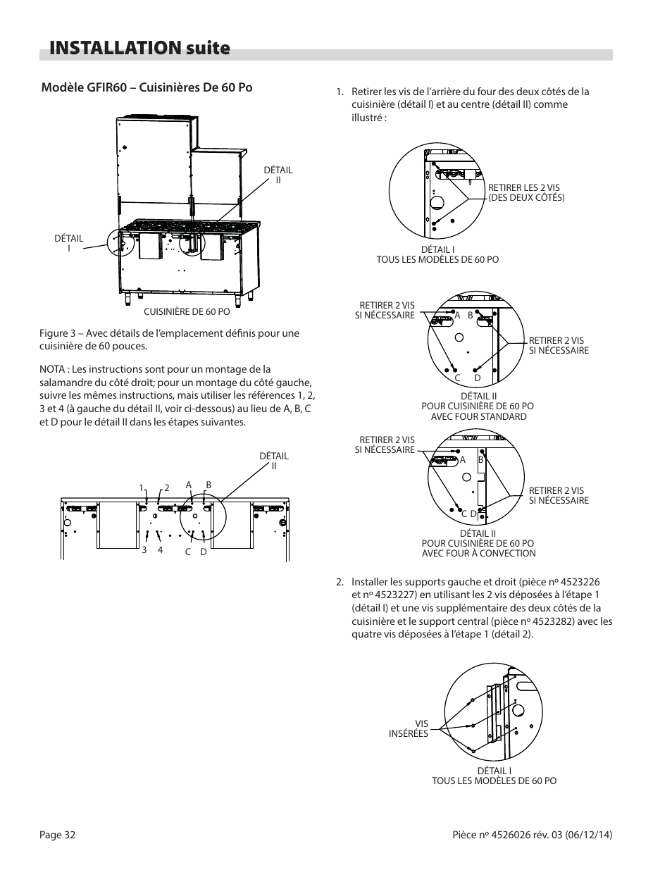 Installation suite, Modèle gfir60 – cuisinières de 60 po | Garland GF SENTRY SERIES INFRA-RED SALAMANDER BROILERS User Manual | Page 32 / 56