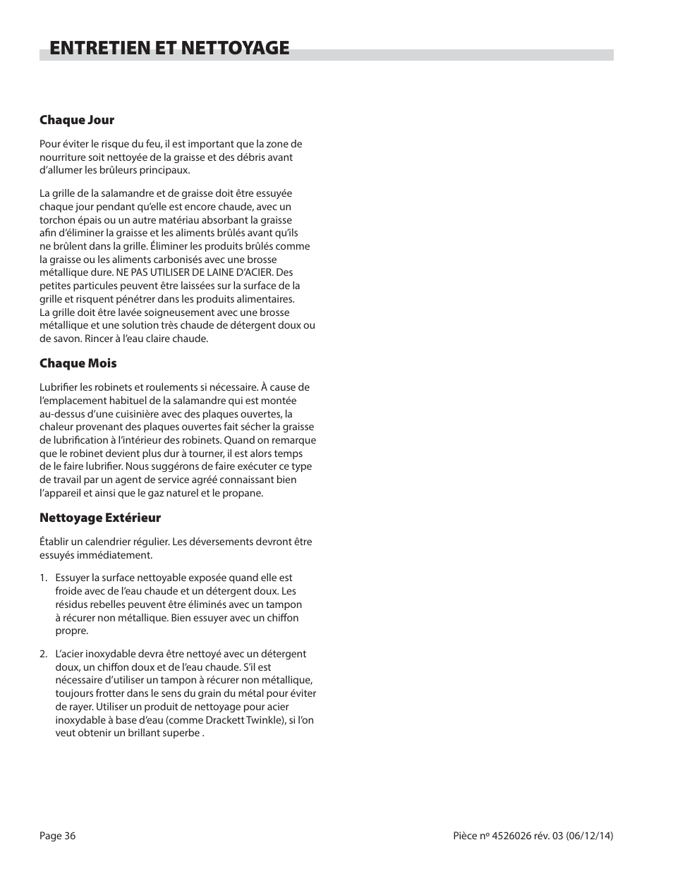 Entretien et nettoyage | Garland GF SENTRY SERIES INFRA-RED SALAMANDER BROILERS User Manual | Page 36 / 56