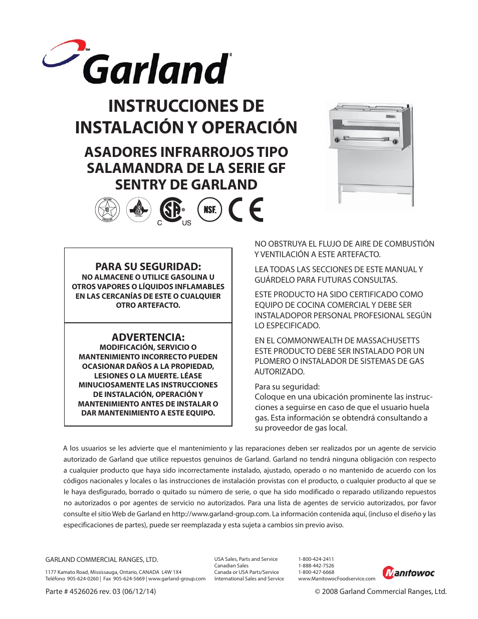 Instrucciones de instalación y operación, Para su seguridad, Advertencia | Garland GF SENTRY SERIES INFRA-RED SALAMANDER BROILERS User Manual | Page 37 / 56