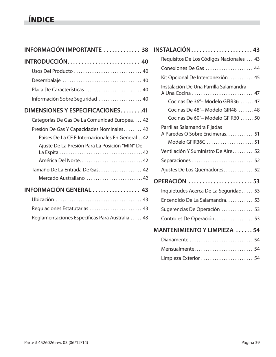 Índice | Garland GF SENTRY SERIES INFRA-RED SALAMANDER BROILERS User Manual | Page 39 / 56