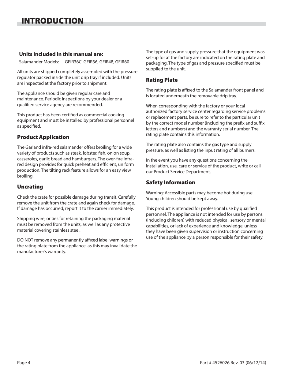 Introduction | Garland GF SENTRY SERIES INFRA-RED SALAMANDER BROILERS User Manual | Page 4 / 56