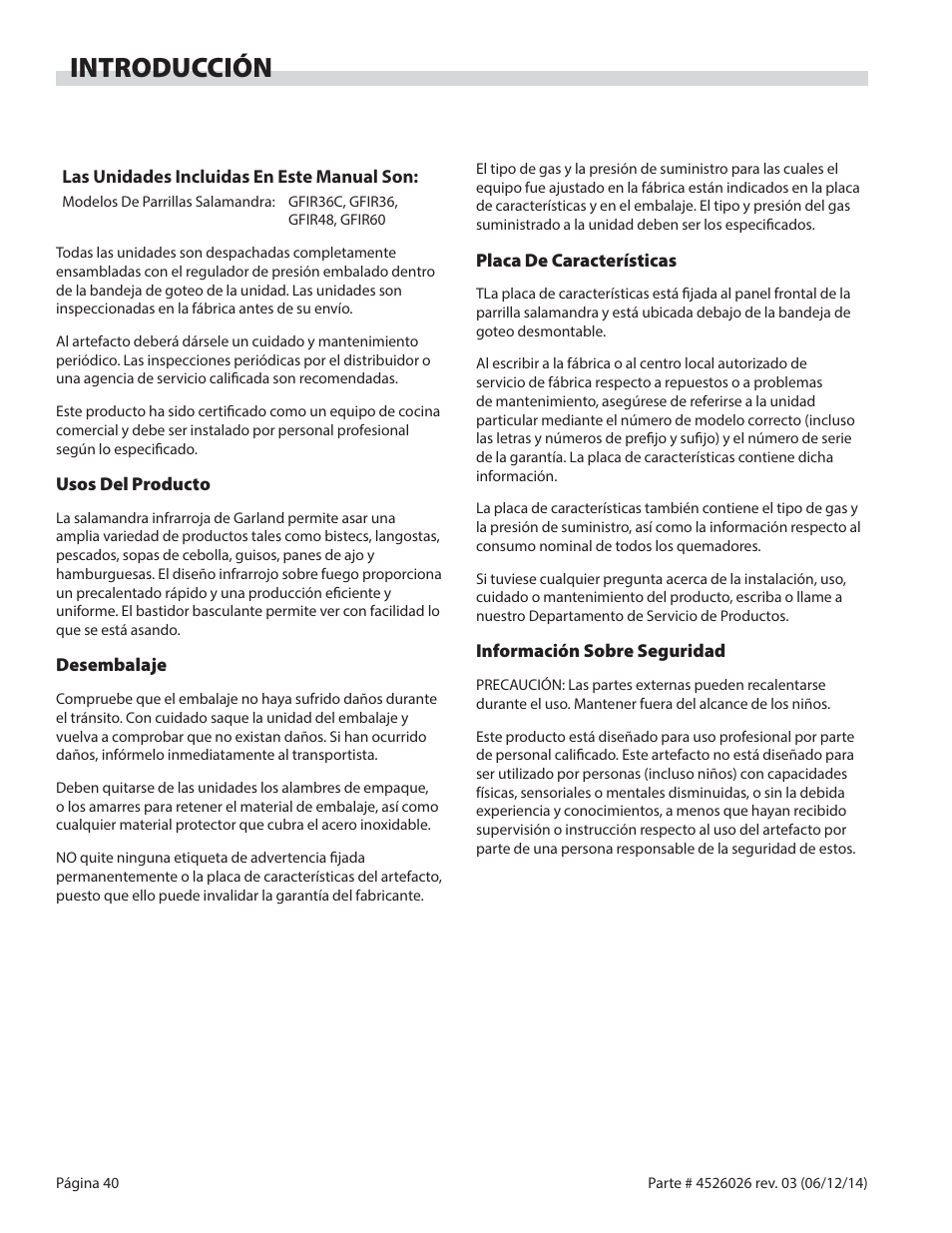 Introducción | Garland GF SENTRY SERIES INFRA-RED SALAMANDER BROILERS User Manual | Page 40 / 56