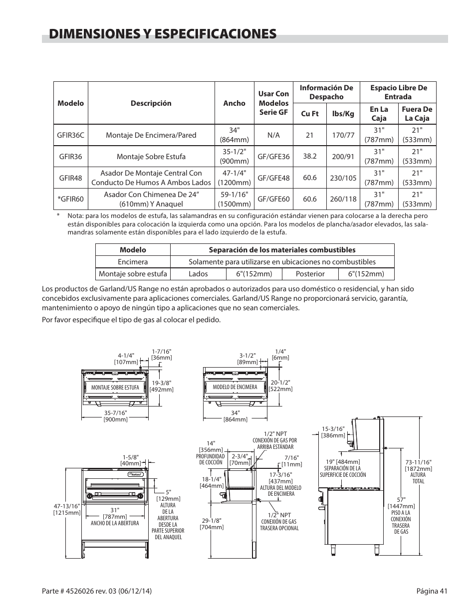 Dimensiones y especificaciones | Garland GF SENTRY SERIES INFRA-RED SALAMANDER BROILERS User Manual | Page 41 / 56