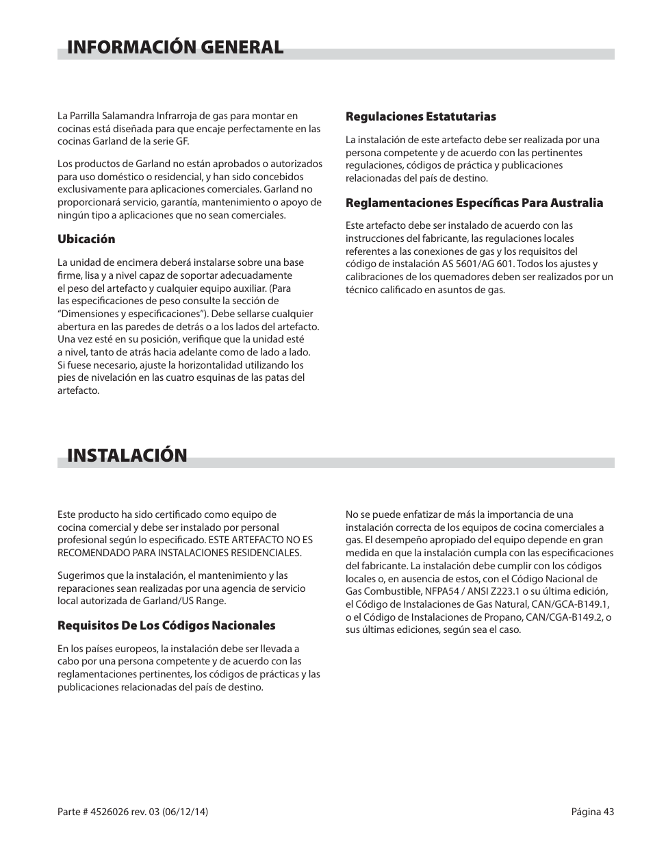 Información general, Instalación | Garland GF SENTRY SERIES INFRA-RED SALAMANDER BROILERS User Manual | Page 43 / 56