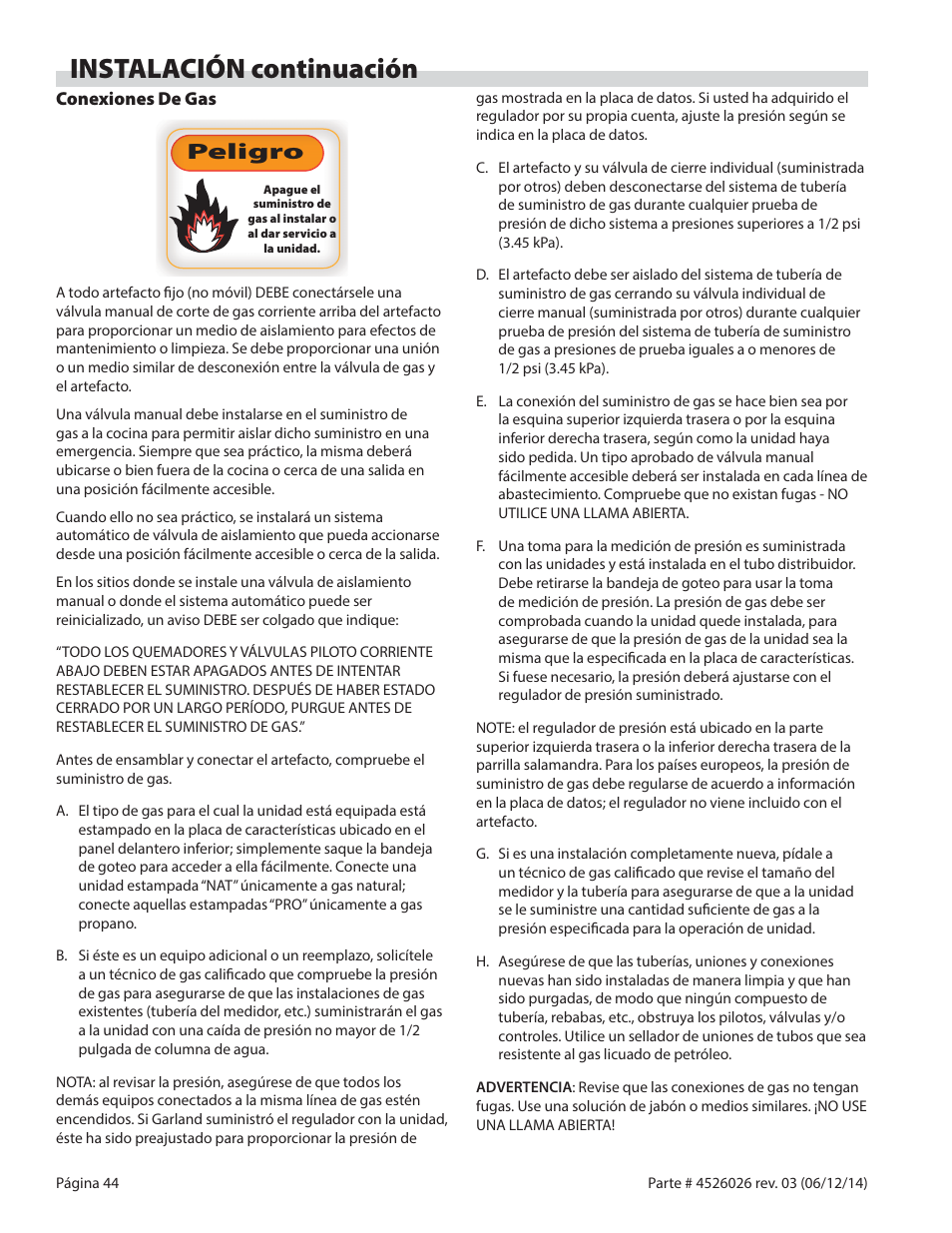 Instalación continuación, Peligro p e li gro | Garland GF SENTRY SERIES INFRA-RED SALAMANDER BROILERS User Manual | Page 44 / 56