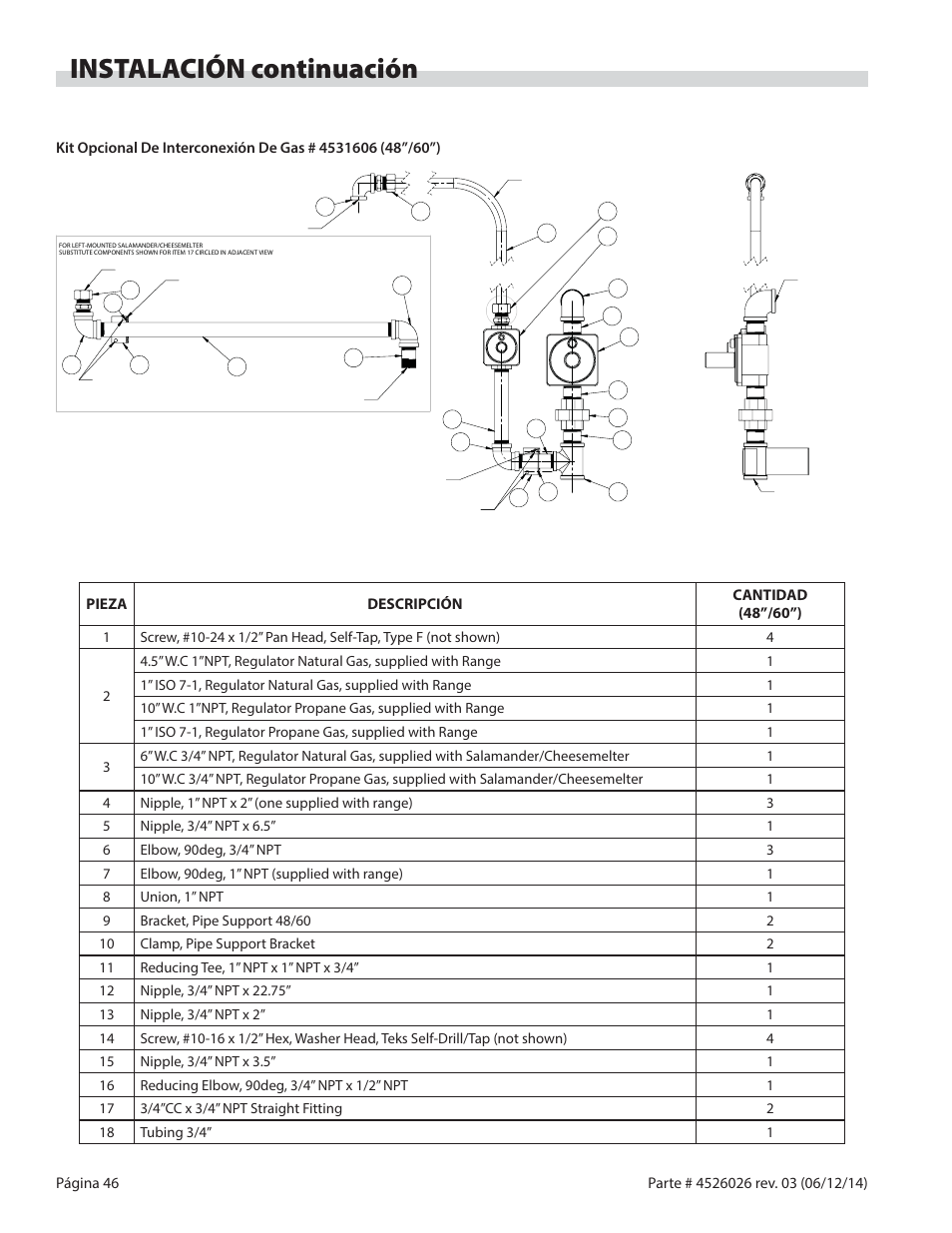 Instalación continuación, Pieza descripción cantidad (48”/60”) | Garland GF SENTRY SERIES INFRA-RED SALAMANDER BROILERS User Manual | Page 46 / 56