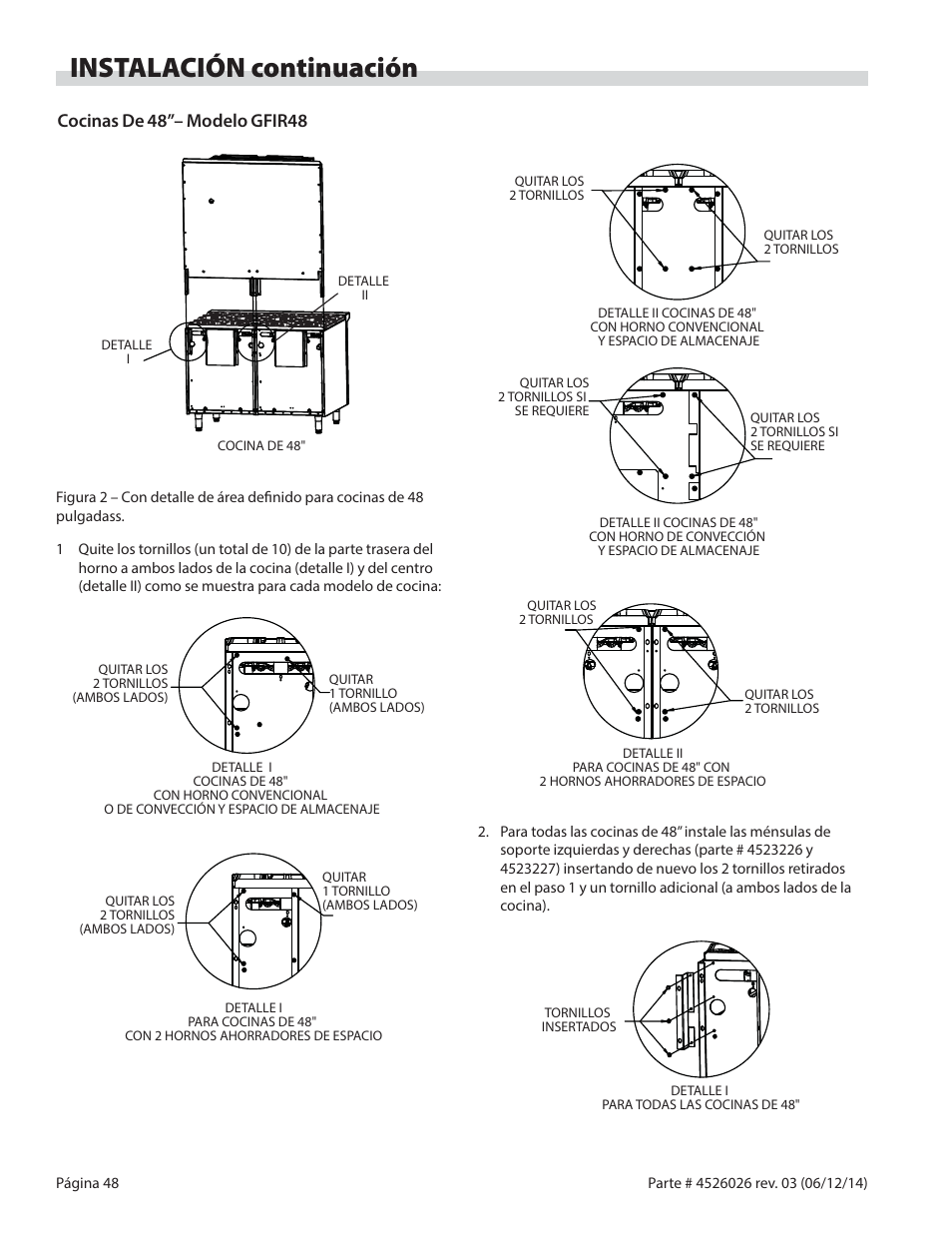 Instalación continuación, Cocinas de 48”– modelo gfir48 | Garland GF SENTRY SERIES INFRA-RED SALAMANDER BROILERS User Manual | Page 48 / 56