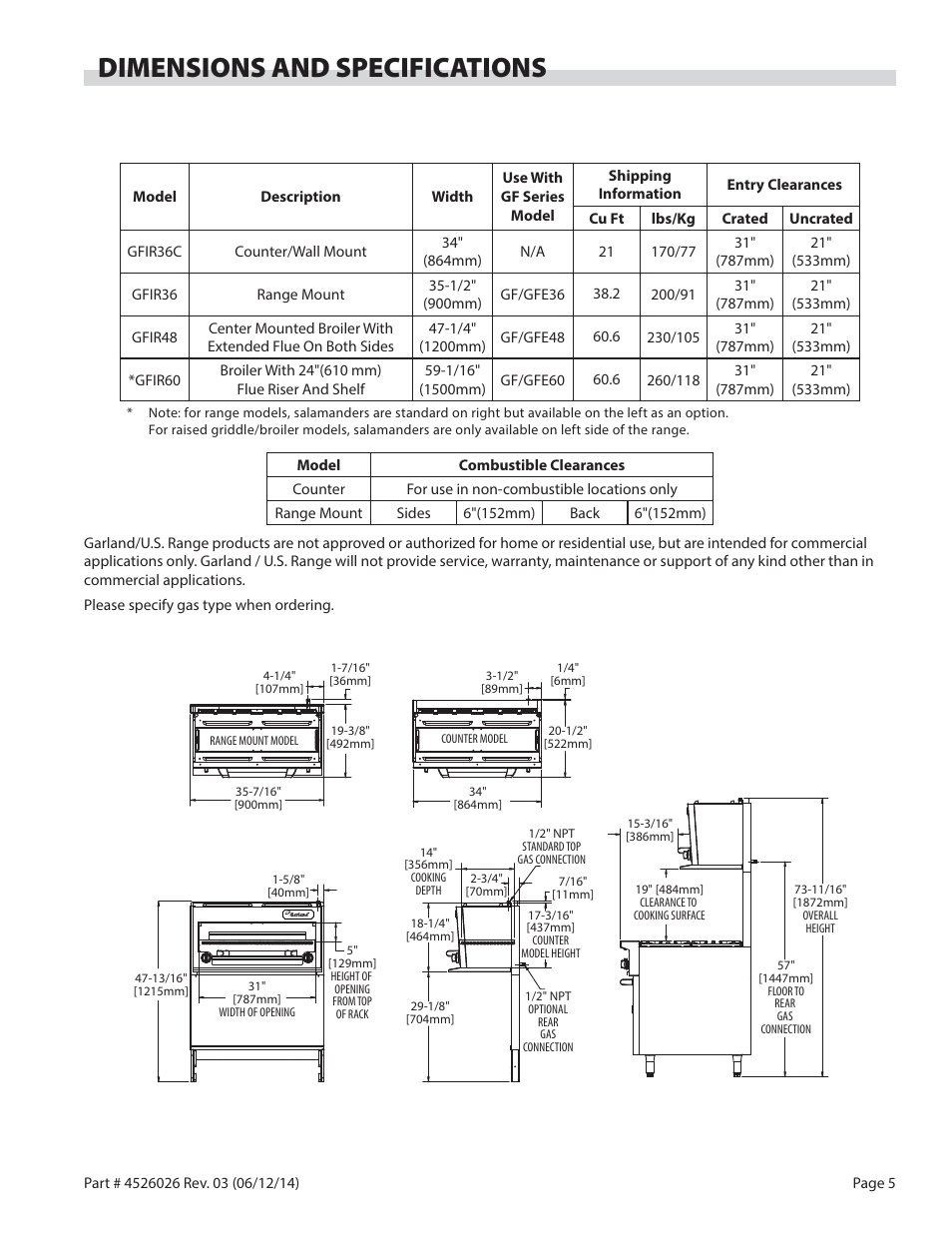 Dimensions and specifications | Garland GF SENTRY SERIES INFRA-RED SALAMANDER BROILERS User Manual | Page 5 / 56