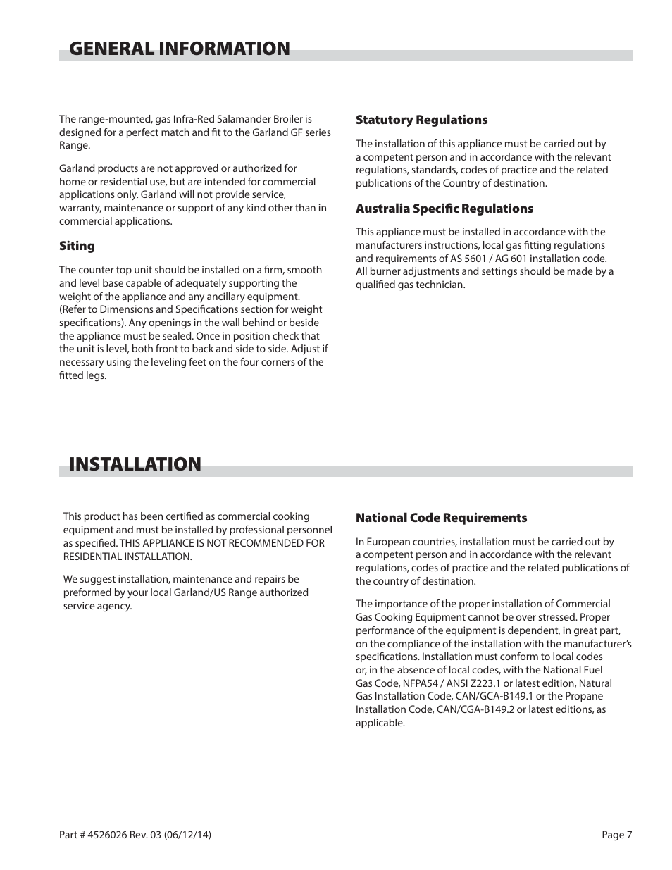 General information, Installation | Garland GF SENTRY SERIES INFRA-RED SALAMANDER BROILERS User Manual | Page 7 / 56