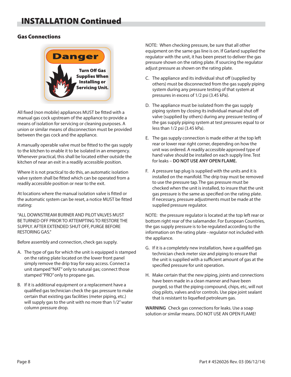 Installation continued, Danger | Garland GF SENTRY SERIES INFRA-RED SALAMANDER BROILERS User Manual | Page 8 / 56