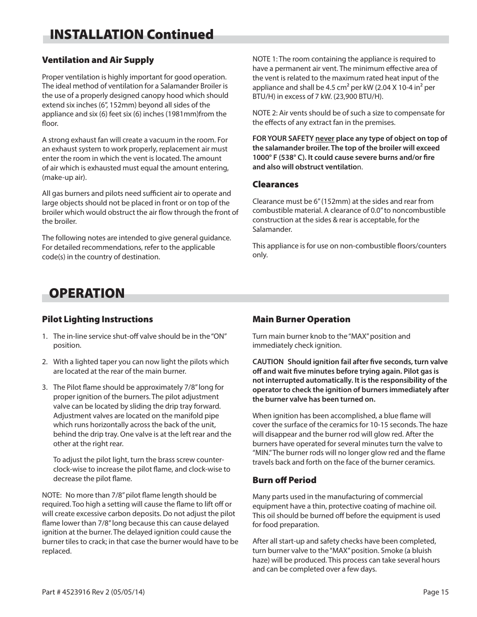 Installation continued, Operation | Garland G SERIES INFRA-RED SALAMANDER BROILERS User Manual | Page 15 / 52