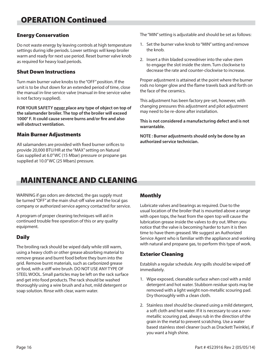 Maintenance and cleaning, Operation continued | Garland G SERIES INFRA-RED SALAMANDER BROILERS User Manual | Page 16 / 52