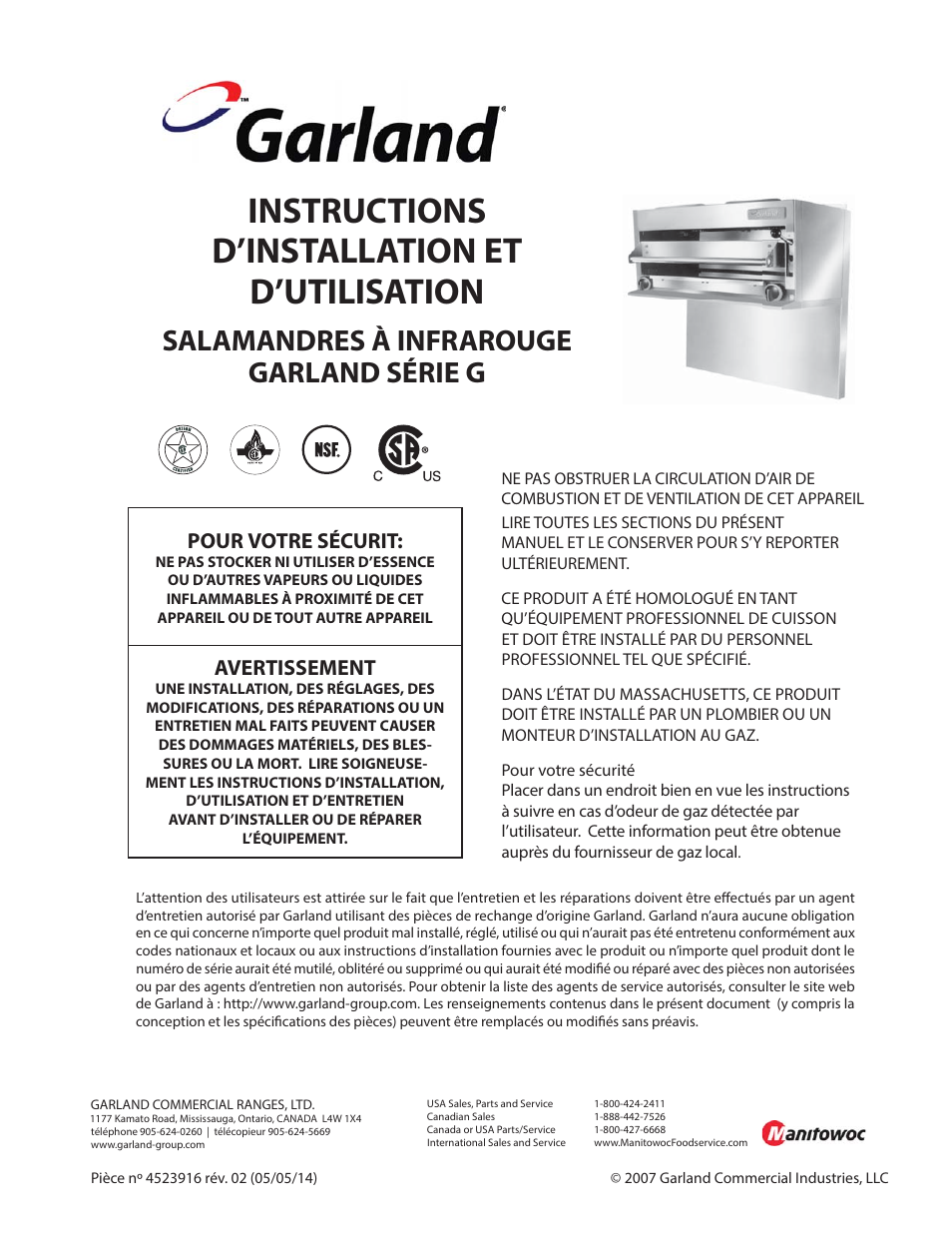 Instructions d’installation et d’utilisation, Salamandres à infrarouge garland série g, Pour votre sécurit | Avertissement | Garland G SERIES INFRA-RED SALAMANDER BROILERS User Manual | Page 17 / 52