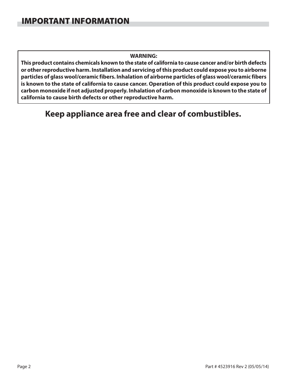 Important information, Keep appliance area free and clear of combustibles | Garland G SERIES INFRA-RED SALAMANDER BROILERS User Manual | Page 2 / 52