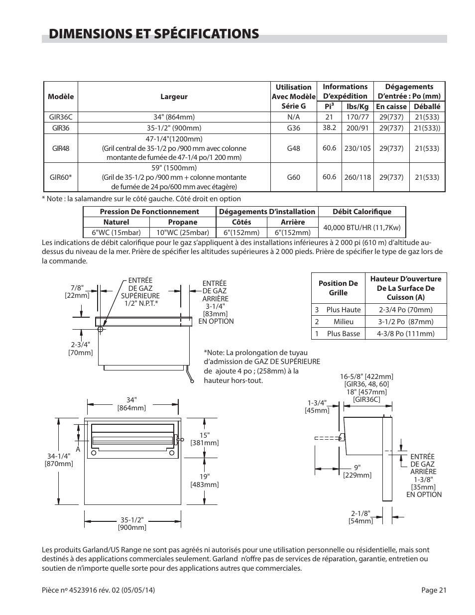 Dimensions et spécifications | Garland G SERIES INFRA-RED SALAMANDER BROILERS User Manual | Page 21 / 52