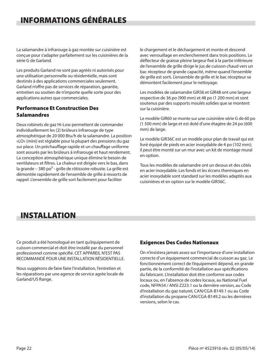 Informations générales installation | Garland G SERIES INFRA-RED SALAMANDER BROILERS User Manual | Page 22 / 52