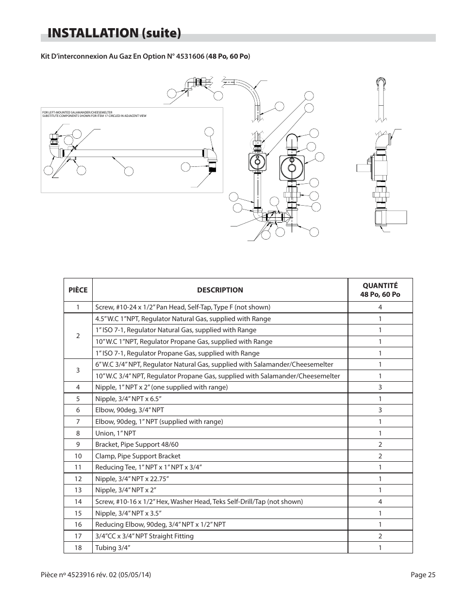 Installation (suite), Pièce description quantité, 48 po, 60 po | Garland G SERIES INFRA-RED SALAMANDER BROILERS User Manual | Page 25 / 52