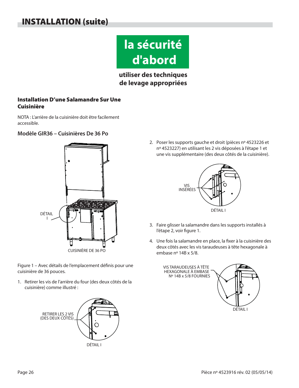 La sécurité d'abord, Installation (suite), Utiliser des techniques de levage appropriées | Garland G SERIES INFRA-RED SALAMANDER BROILERS User Manual | Page 26 / 52