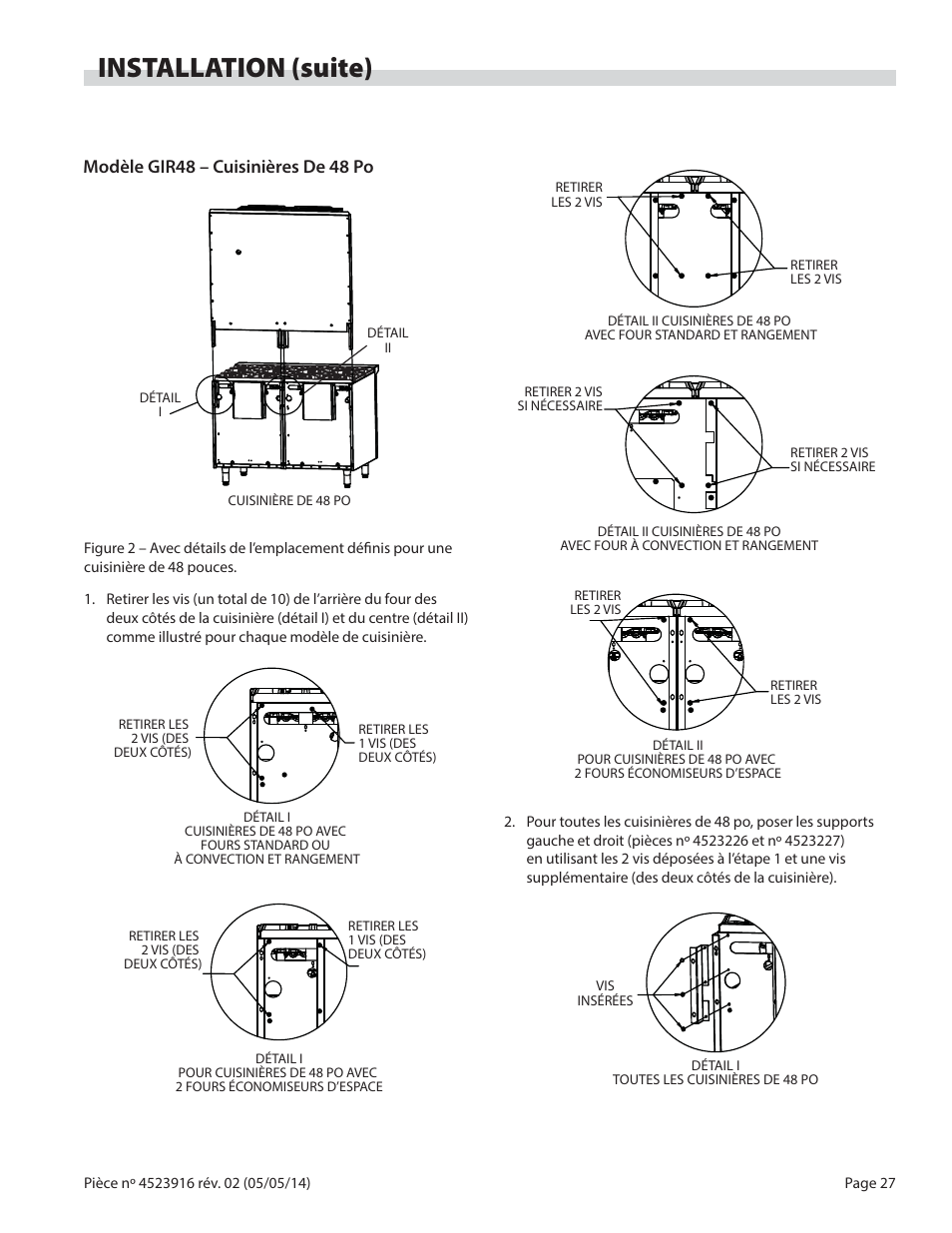Installation (suite), Modèle gir48 – cuisinières de 48 po | Garland G SERIES INFRA-RED SALAMANDER BROILERS User Manual | Page 27 / 52
