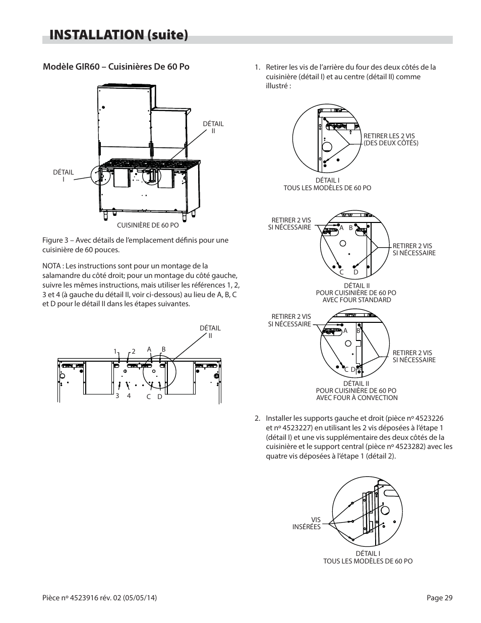 Installation (suite), Modèle gir60 – cuisinières de 60 po | Garland G SERIES INFRA-RED SALAMANDER BROILERS User Manual | Page 29 / 52