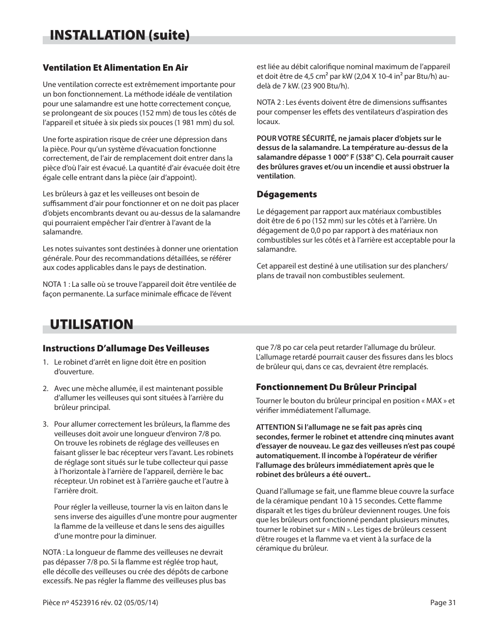 Installation (suite), Utilisation | Garland G SERIES INFRA-RED SALAMANDER BROILERS User Manual | Page 31 / 52