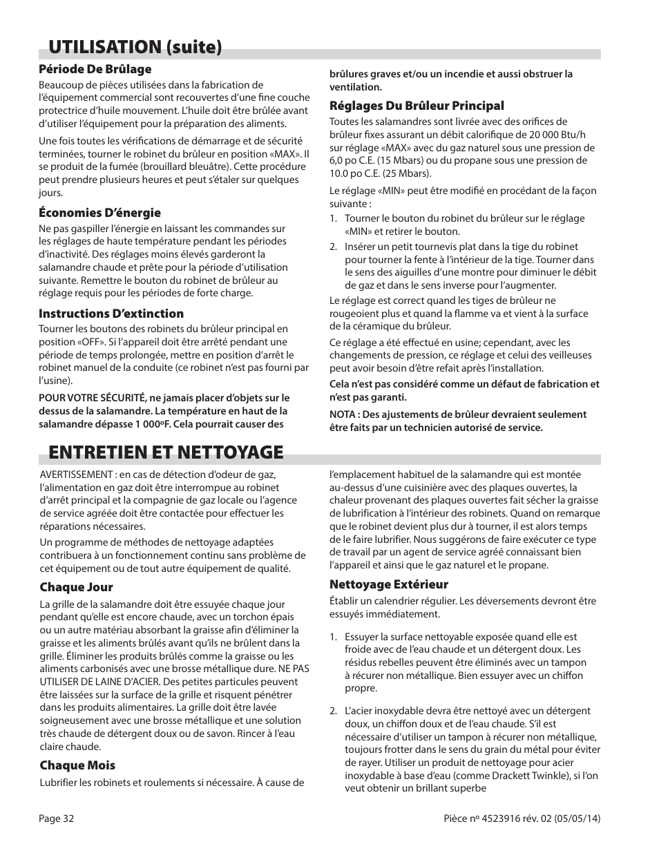 Utilisation (suite) entretien et nettoyage | Garland G SERIES INFRA-RED SALAMANDER BROILERS User Manual | Page 32 / 52