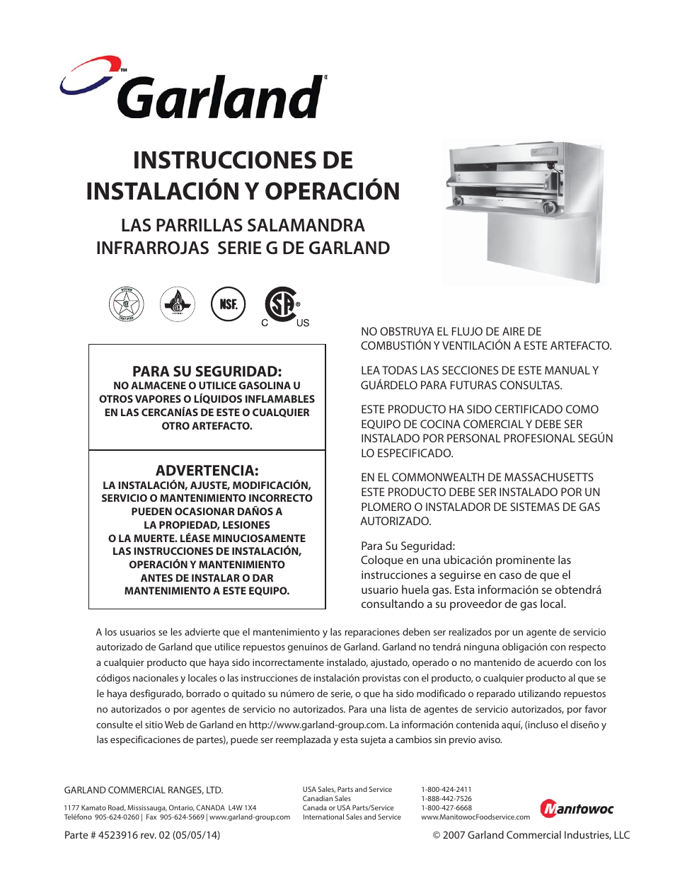 Instrucciones de instalación y operación, Para su seguridad, Advertencia | Garland G SERIES INFRA-RED SALAMANDER BROILERS User Manual | Page 33 / 52