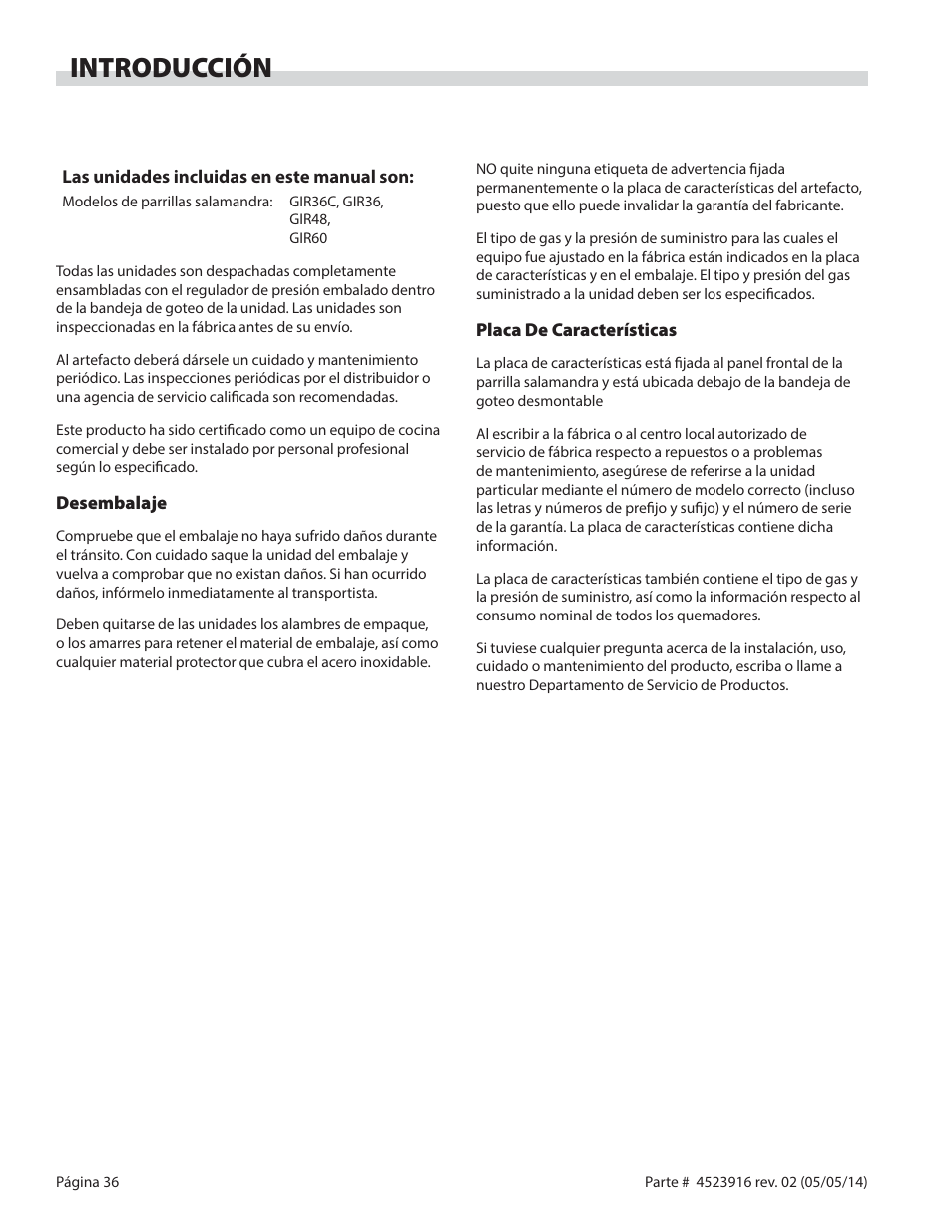 Introducción | Garland G SERIES INFRA-RED SALAMANDER BROILERS User Manual | Page 36 / 52