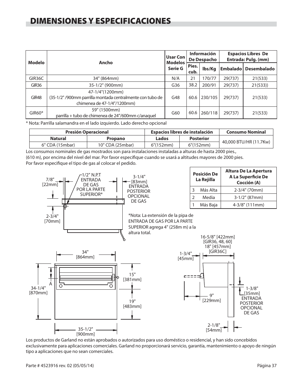 Dimensiones y especificaciones | Garland G SERIES INFRA-RED SALAMANDER BROILERS User Manual | Page 37 / 52