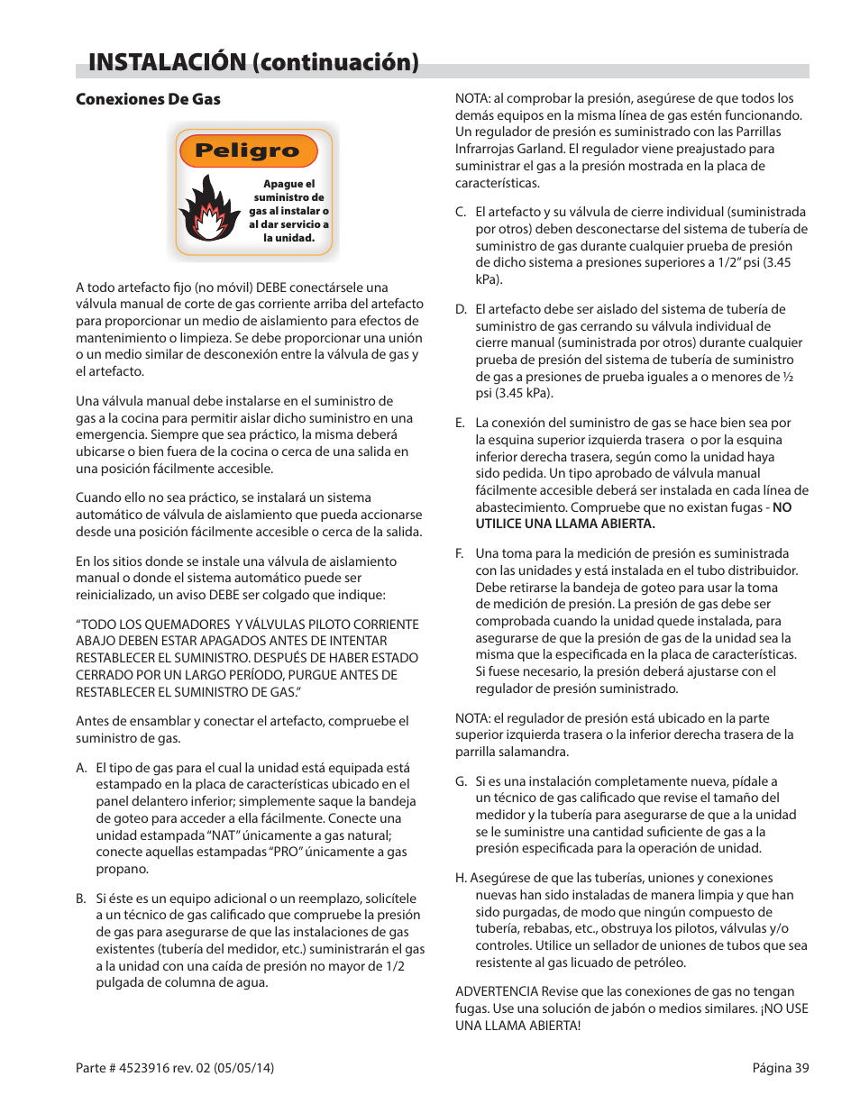 Instalación (continuación), Peligro p e li gro | Garland G SERIES INFRA-RED SALAMANDER BROILERS User Manual | Page 39 / 52