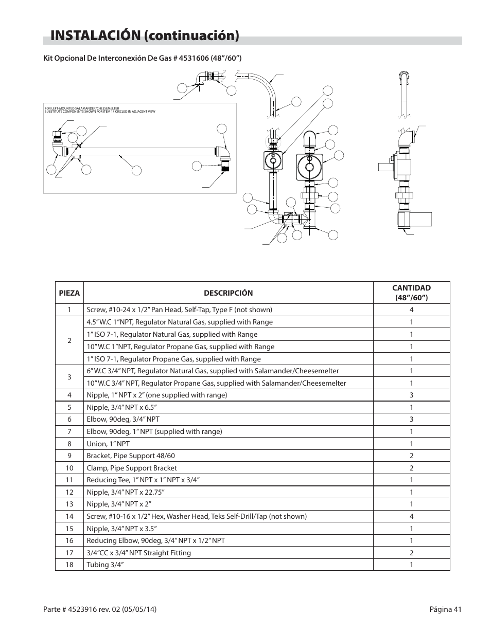 Instalación (continuación), Pieza descripción cantidad (48”/60”) | Garland G SERIES INFRA-RED SALAMANDER BROILERS User Manual | Page 41 / 52