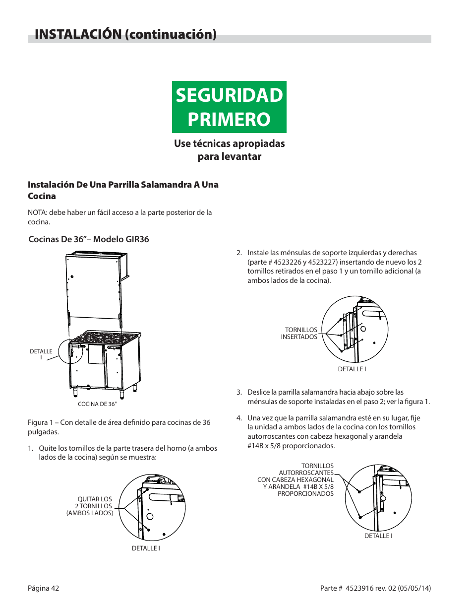Seguridad primero, Instalación (continuación), Use técnicas apropiadas para levantar | Garland G SERIES INFRA-RED SALAMANDER BROILERS User Manual | Page 42 / 52