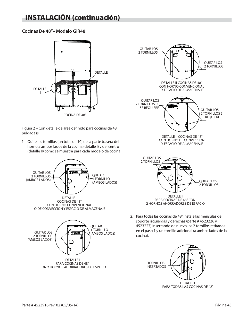 Instalación (continuación), Cocinas de 48”– modelo gir48 | Garland G SERIES INFRA-RED SALAMANDER BROILERS User Manual | Page 43 / 52