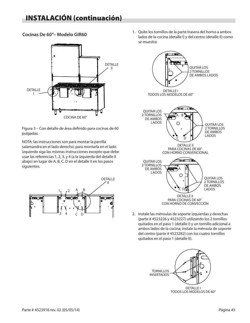 Instalación (continuación), Cocinas de 60”– modelo gir60 | Garland G SERIES INFRA-RED SALAMANDER BROILERS User Manual | Page 45 / 52