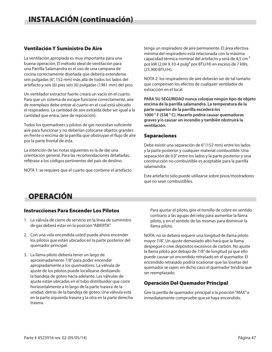Operación, Instalación (continuación) | Garland G SERIES INFRA-RED SALAMANDER BROILERS User Manual | Page 47 / 52