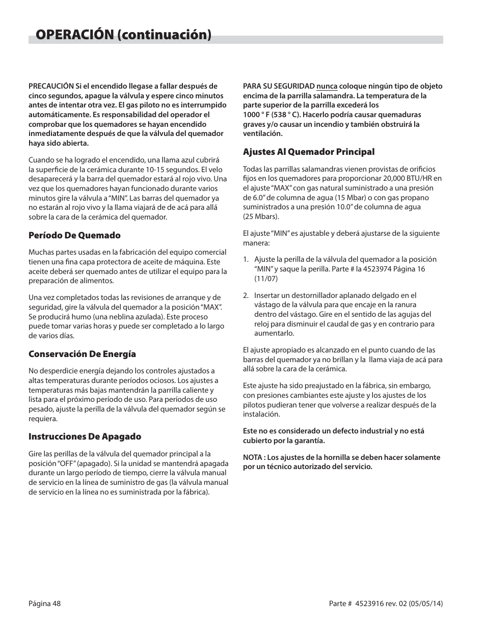 Operación (continuación) | Garland G SERIES INFRA-RED SALAMANDER BROILERS User Manual | Page 48 / 52