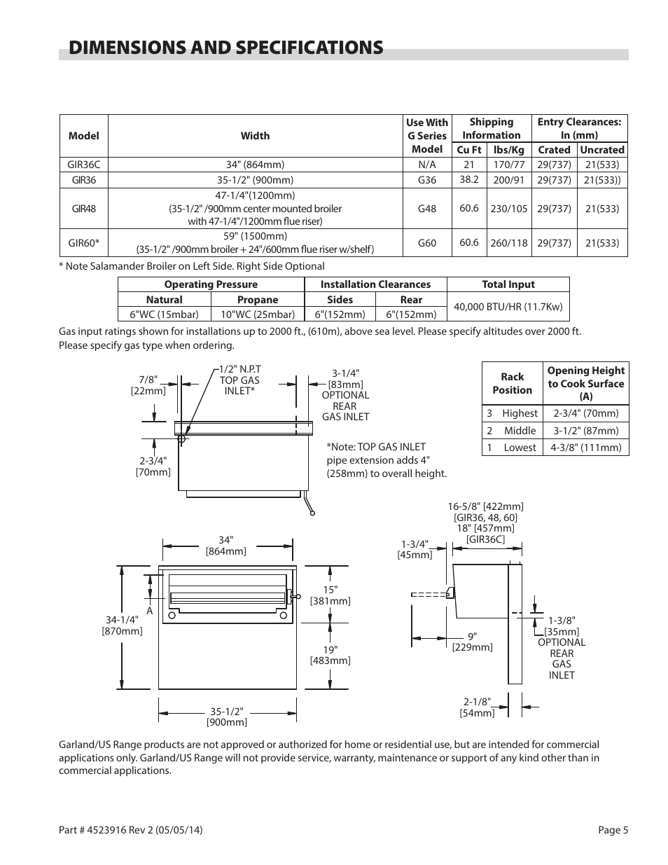 Dimensions and specifications | Garland G SERIES INFRA-RED SALAMANDER BROILERS User Manual | Page 5 / 52