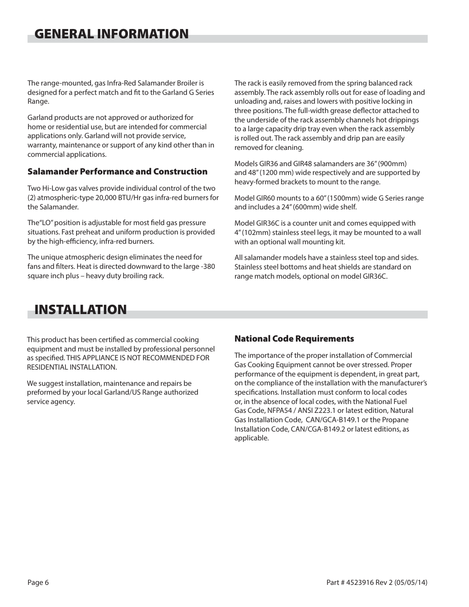 General information, Installation | Garland G SERIES INFRA-RED SALAMANDER BROILERS User Manual | Page 6 / 52