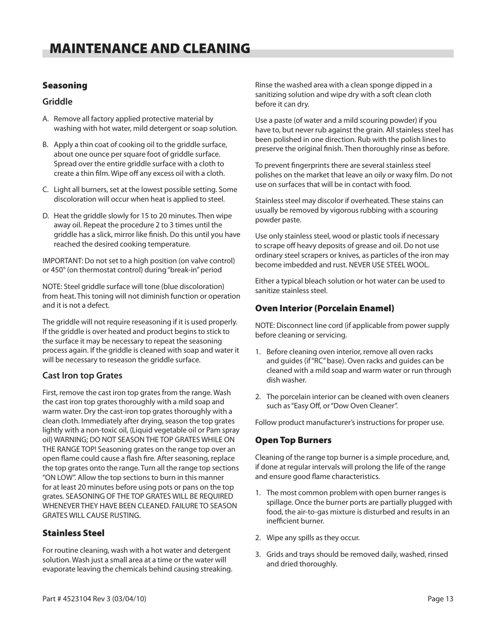 Maintenance and cleaning | Garland G SERIES GAS RESTAURANT RANGES User Manual | Page 13 / 56