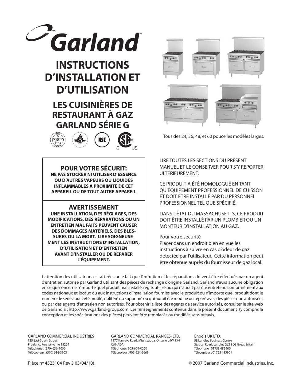 Instructions d’installation et d’utilisation, Pour votre sécurit, Avertissement | Garland G SERIES GAS RESTAURANT RANGES User Manual | Page 15 / 56
