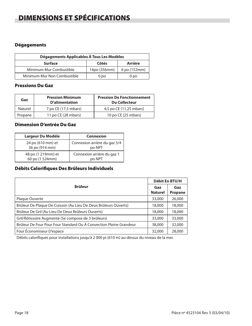 Dimensions et spécifications | Garland G SERIES GAS RESTAURANT RANGES User Manual | Page 18 / 56